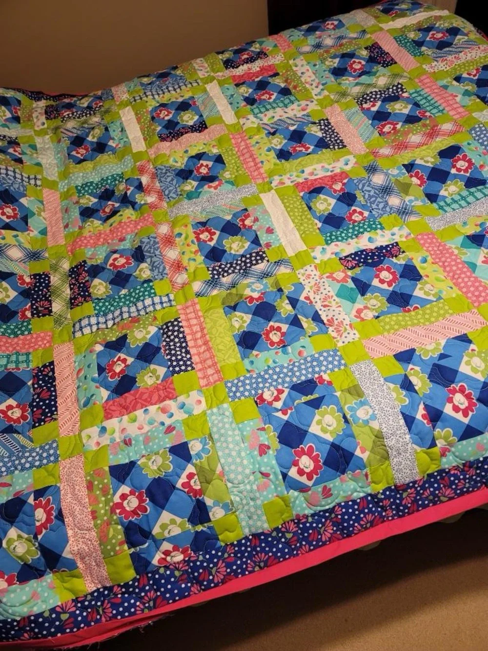 ONE OF A KIND Colorful Floral Patchwork Quilt - Bright Blue, Green & Pink